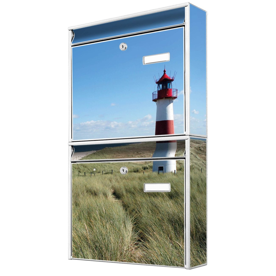 banjado Burg Wächter Doppelbriefkastenanlage mit Leuchtturm-Motiv in Weiß, flexibel erweiterbar, B/H/T: 64,5 x 36,2 x 10,0 cm - Bild 1