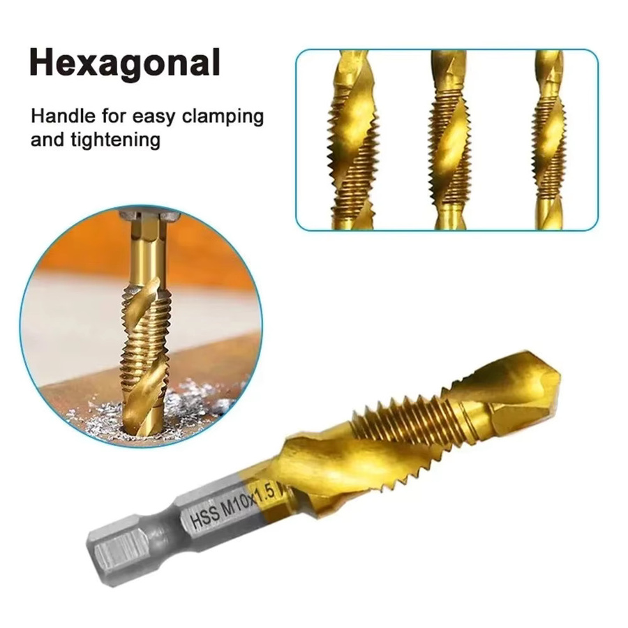 HSS Gewindebohrer- und Bohrer-Set mit sechseckigem Schaft in Gold, metrisches Set M3 bis M10 - Bild 2
