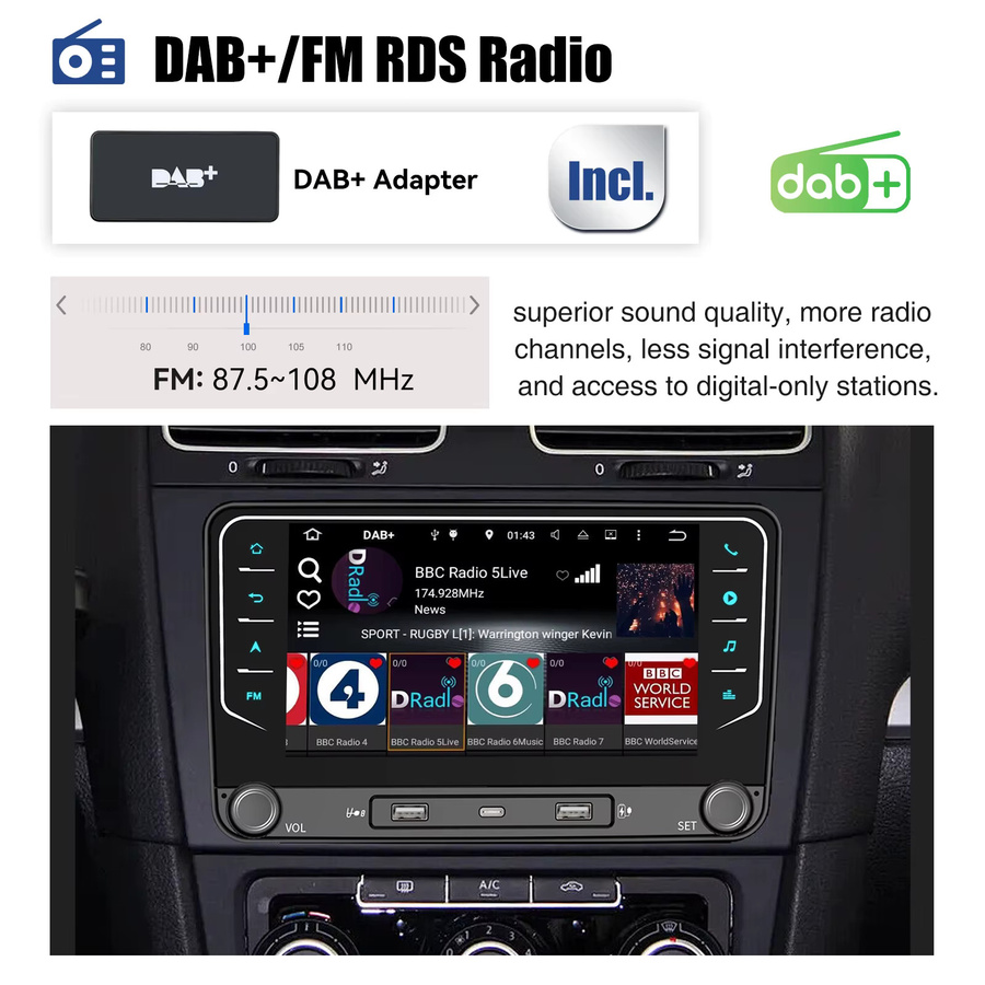 ESSGOO Android 15 Autoradio mit kabellosem CarPlay, GPS und WiFi in Schwarz für Volkswagen Skoda Octavia Golf 5 6 Touran Passat Polo Jetta - Bild 8