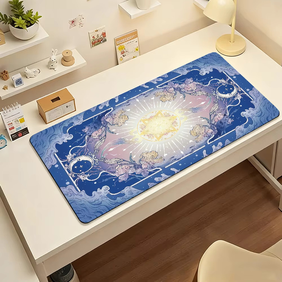Großes Mauspad mit Sonne, Mond und Blumen in Blau für Büro und Gaming, rutschfest und wasserdicht - Bild 3