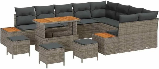 vidaXL Garten-Sofa-Set 13-tlg. aus Poly Rattan und Akazienholz in Grau mit Kissen - Bild 1