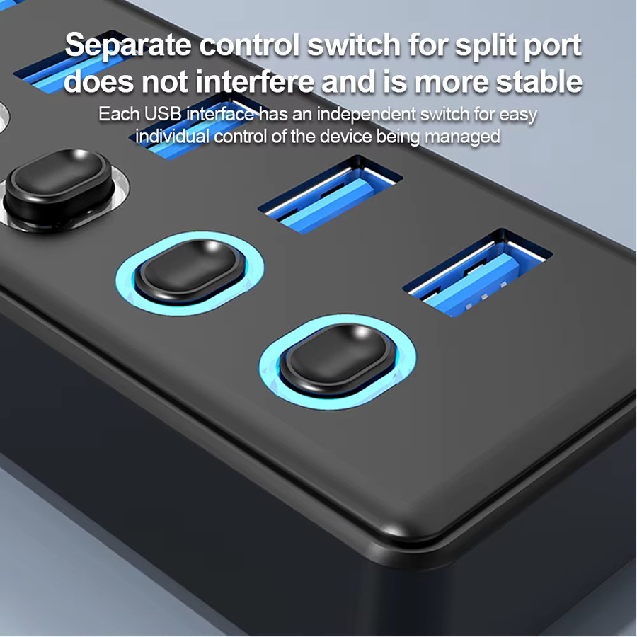 KEBIDUMEI 7-in-2 USB 3.0 Hub mit Einzelnen Ein/Aus-Schaltern und USB-C Anschluss, 5Gbps USB-Verteiler in Schwarz - Bild 4