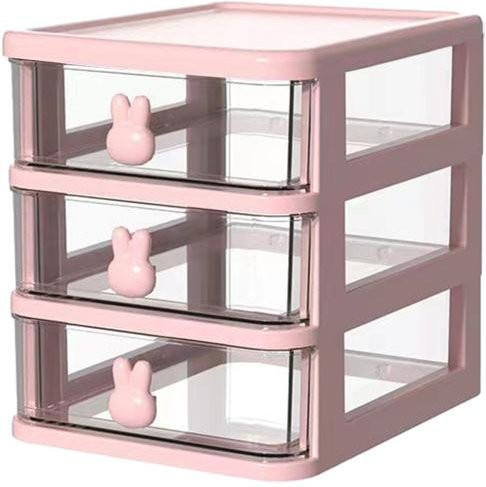 Schreibtisch-Organizer aus Kunststoff mit 3 Schubladen und Hasen-Griffen, rosa und transparent - Bild 1