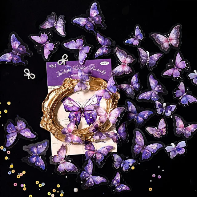 Journamm 40 Stück PET-Schmetterlingsaufkleber in Lila für DIY Scrapbooking, Collage und Junk Journal Planer - Bild 1