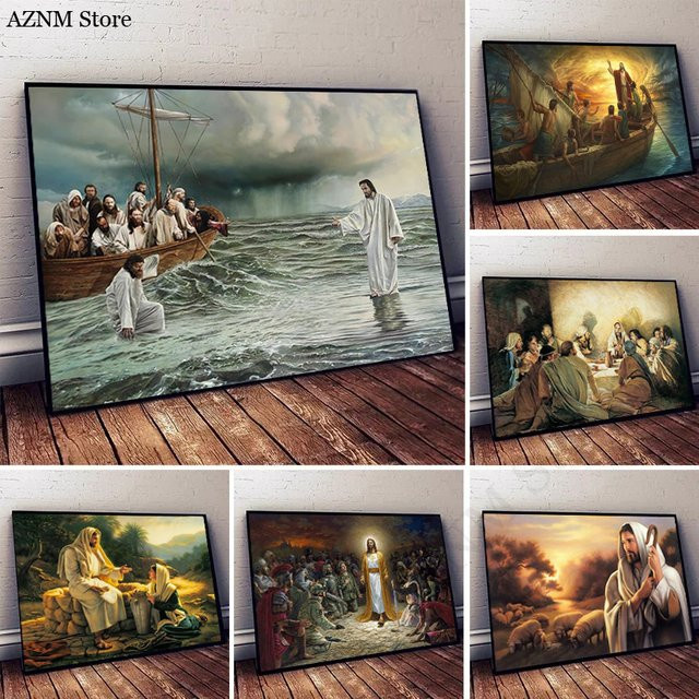 Potdemiel Leinwand Wandkunst Jesus als der gute Hirte und die samaritanische Frau in Mehrfarbig - Bild 1