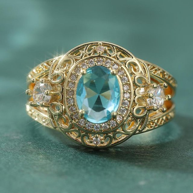 Ring Damen, goldplattiert, Kupfer, blauer Zirkonia - Bild 1