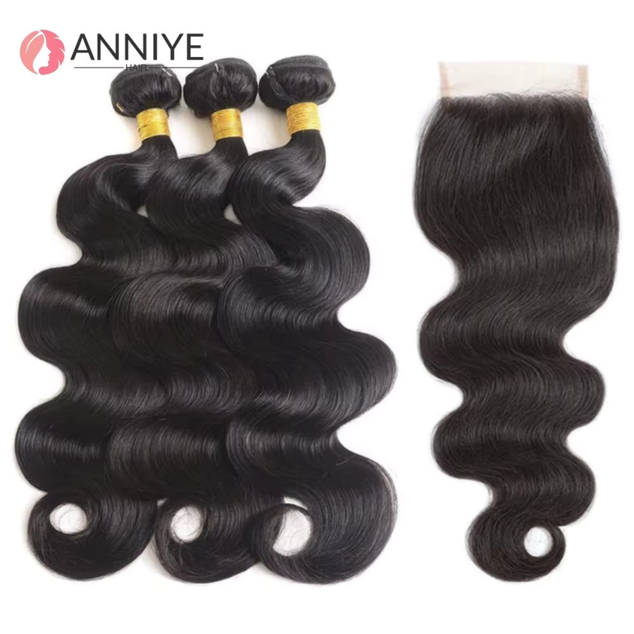 ANNIYE Body Wave Bundles Haarverlängerung, 3 Bundles mit 4x4 Lace Closure, Vietnamesisches Echthaar, Natürliche Farbe - Bild 3