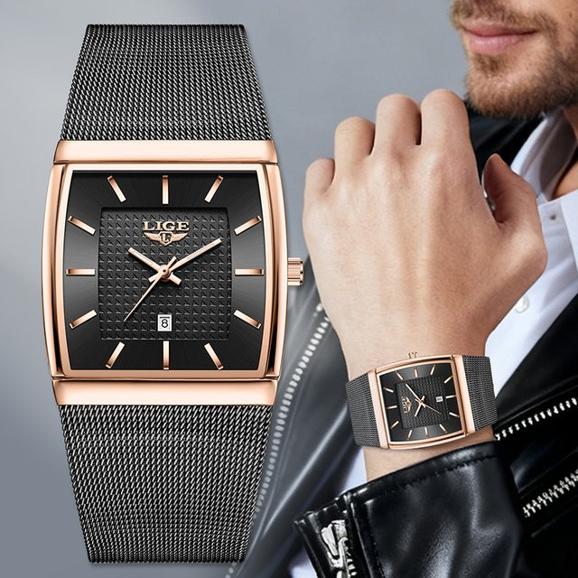 LIGE Armbanduhr, Quarz, Roségold, eckig, Milanaise, Herren - Bild 1
