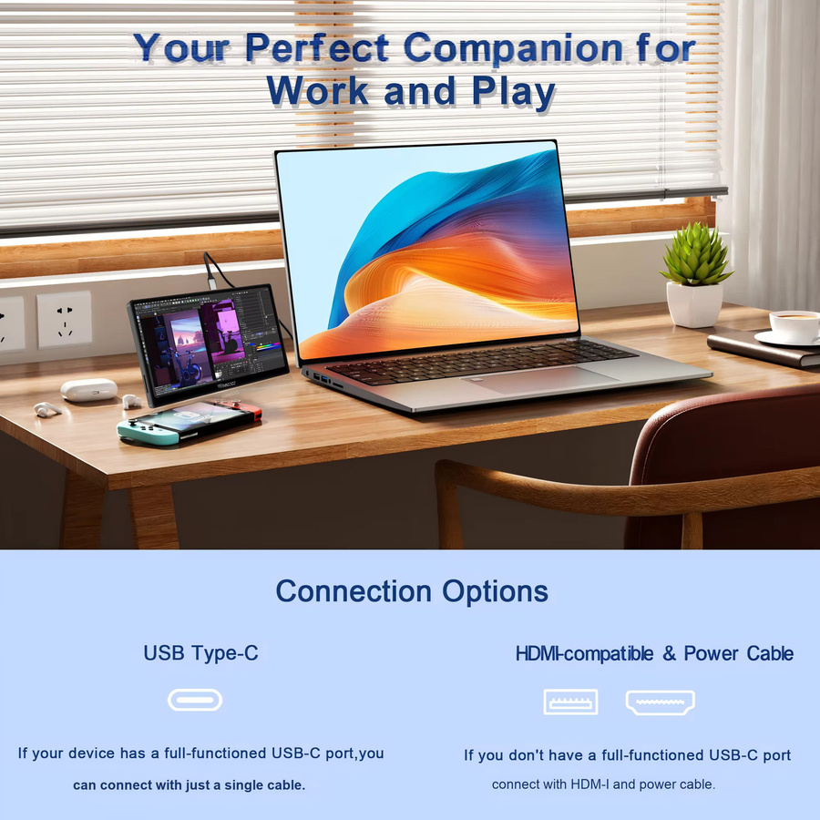 Wisecoco Tragbarer 7 Zoll Monitor mit 120 Hz Touchscreen, Full HD 1080P IPS LCD-Display, USB-C, Schwarz - Bild 4