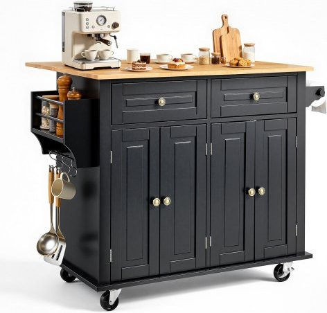 VEVOR Kücheninselwagen mit Holzplatte und Lagerschrank in Schwarz, Mobiler Rollwagen mit Klappplatte, Gewürzregal, Schublade und verstellbarem Regal, Breite: 110 cm, Tiefe: 71,5 cm, Höhe: 81,3 cm - Bild 1