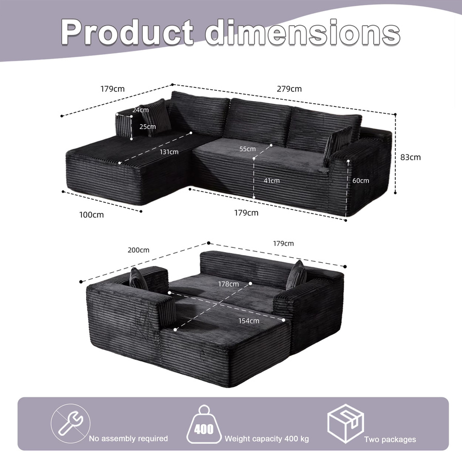 Modernes L-förmiges 3-Sitzer Cord-Sofa von Vankel in Schwarz mit Kissen - Bild 5
