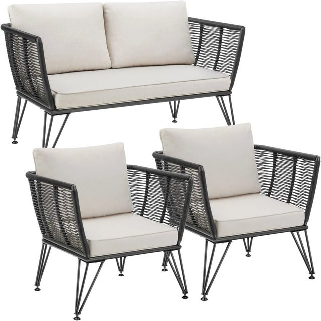 tectake Garten-Loungeset Sundo aus Polyrattan im Rope-Design in Anthrazit, B/T/H: 131 x 67 x 71 cm - Bild 2