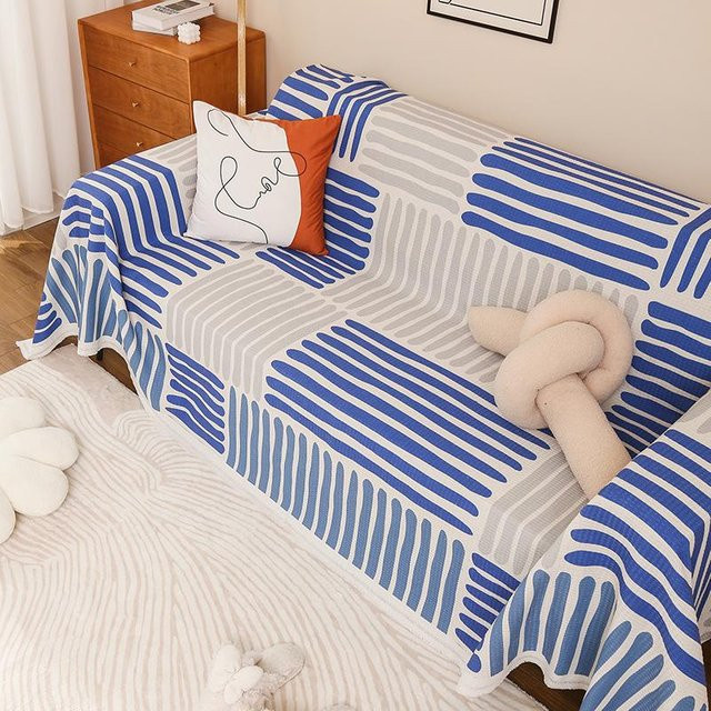 Your Warm Home Nordische Quasten Decke mit Streifen in Blau für Camping, Picknick und Strand, B/B: 180 x 130 cm - Bild 1