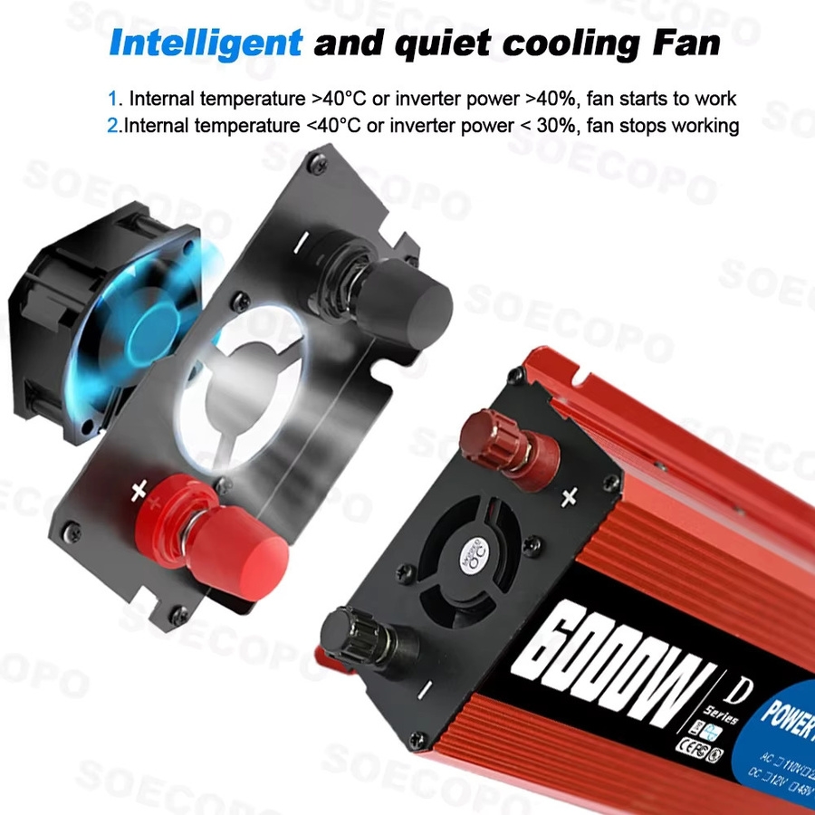 Soecopo Ultra 6000 W Smart Inverter Universal Wechselrichter in Rot, 12 V/24 V/48 V Eingang für 110 V/220 V Ausgang, tragbar für Wohnmobile und LKWs - Bild 4