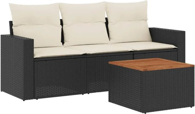 vidaXL 4-tlg Garten-Sofagarnitur aus Polyrattan und Akazienholz in Schwarz mit Kissen und Tisch - Bild 1