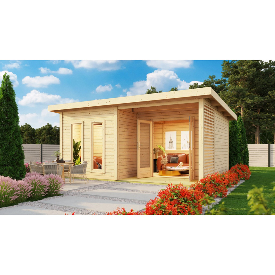 Karibu Saunahaus Magnus 5 Set in Natur aus nordischer Fichte mit 9 kW Ofen und externer Steuerung - Bild 2