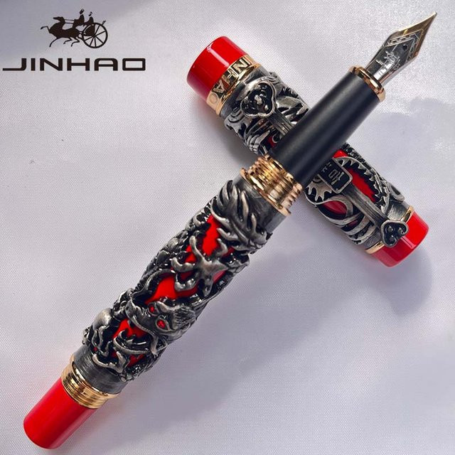 Jinhao Vintage Füllfederhalter aus Metall mit Dragon Phoenix Carving in Gold und Rot - Bild 1