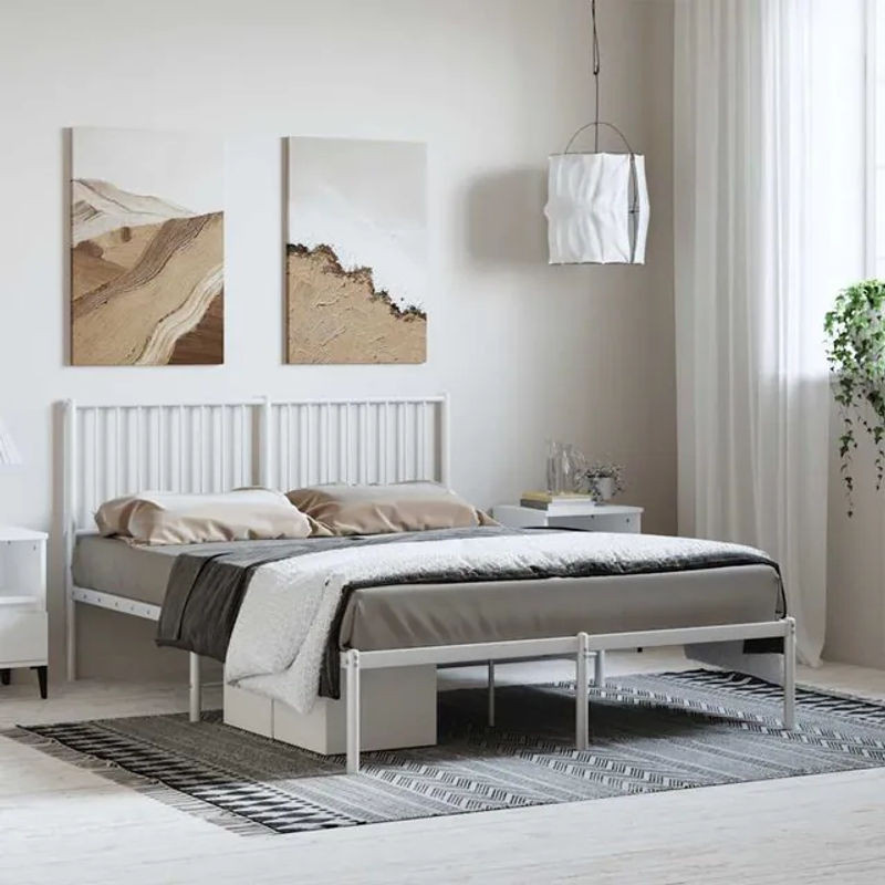 Vidaxl Metall-Bettgestell mit Kopfteil in Weiß, B/T/H: 135 x 190 cm - Bild 1