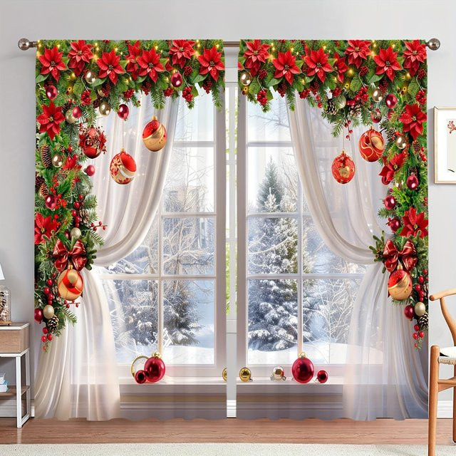 2er-Set Weihnachts- und Grünkiefer-Druckvorhänge aus Polyester in Weiß, halbtransparent, B: 50 cm, H: 130 cm - Bild 1