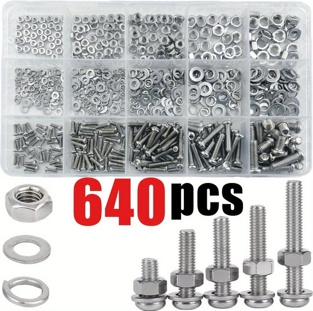 640-teiliges Sortimentsset aus Sechskantschrauben und Muttern in Silber aus Metall für Reparaturen, Größen M2 bis M5 - Bild 1