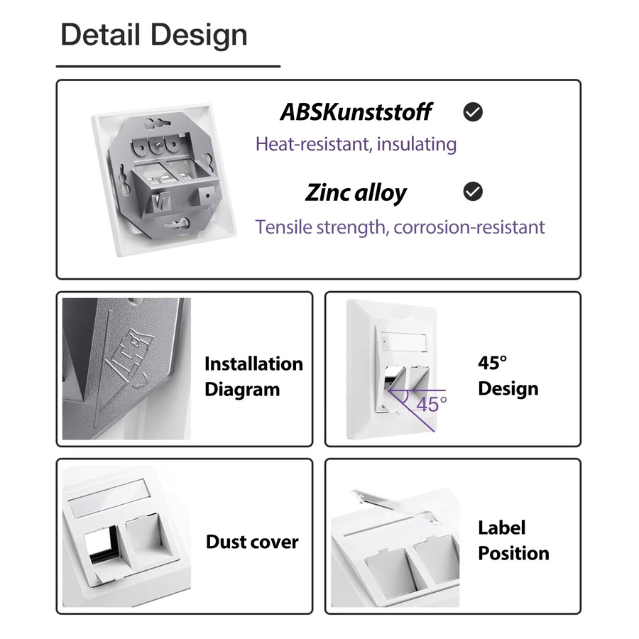 ZoeRax 2-Port Unterputz-Netzwerkbuchse RJ45 Ethernet-Datenbuchse in Weiß mit CAT8 CAT7 CAT6A Keystone-Anschlüssen - Bild 2