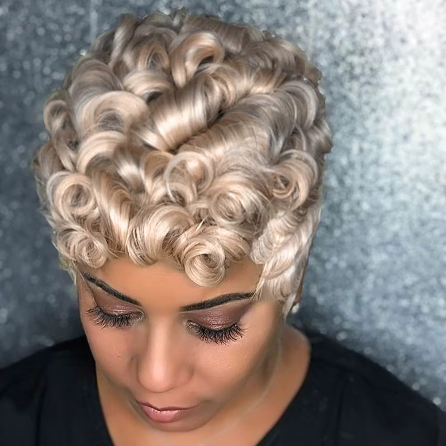 OYM HAIR Blonde Pixie-Schnitt-Perücke, kurzes lockiges Echthaar, Damen - Bild 3