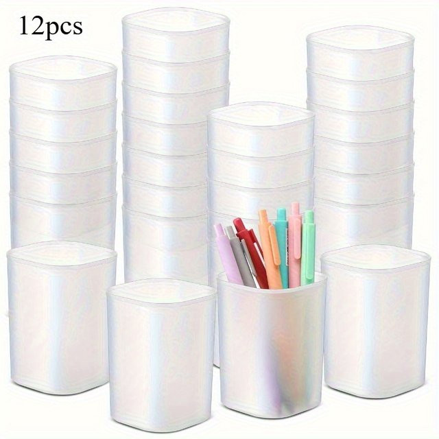 12 Stück transparente, mattierte Stifthalterbecher aus Kunststoff, stapelbare Aufbewahrungsbecher als platzsparender Büro-Schreibtisch-Organizer für dein Zuhause oder das Büro - Bild 1