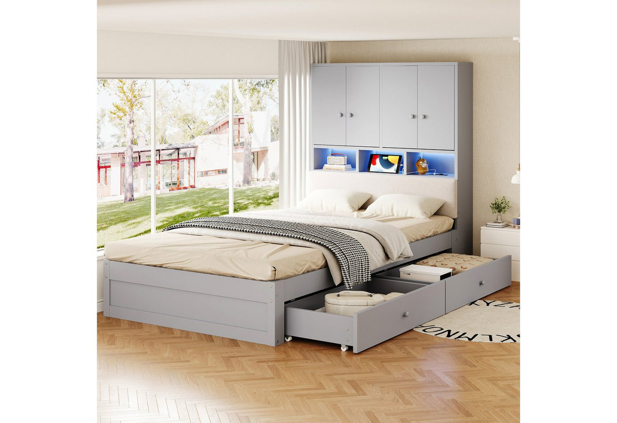 Flieks Massivholzbett als Stauraumbett mit Polster-Kopfteil, LED-Beleuchtung, Ladefunktion und 2 Schubladen, Breite: 90 cm, Länge: 200 cm - Bild 1
