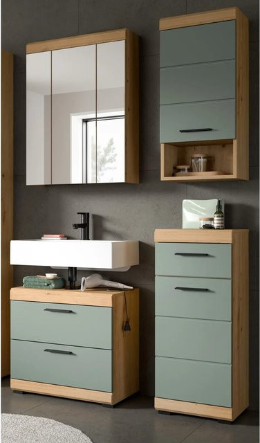 Inn.Furn Badmöbel Set Shawn 4-teilig in Grün und Eiche mit LED-Beleuchtung, Breite: 112 cm - Bild 1