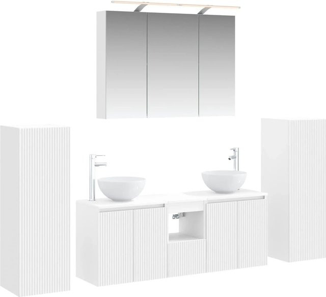 vidaXL Badezimmermöbel-Set 6-teilig in Weiß aus lackiertem Holz und Glas mit LED-Beleuchtung und Spiegelschrank - Bild 1
