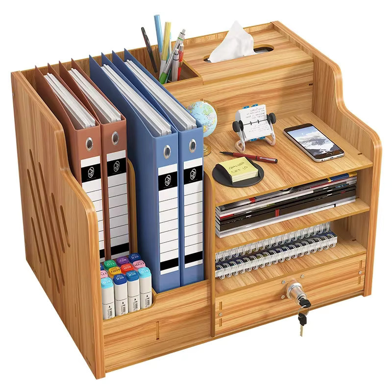 Mehrschichtige Desktop-Aufbewahrungsbox aus Holz mit Schloss und Schubladen für deinen Schreibtisch in Schwarz oder Braun - Bild 2