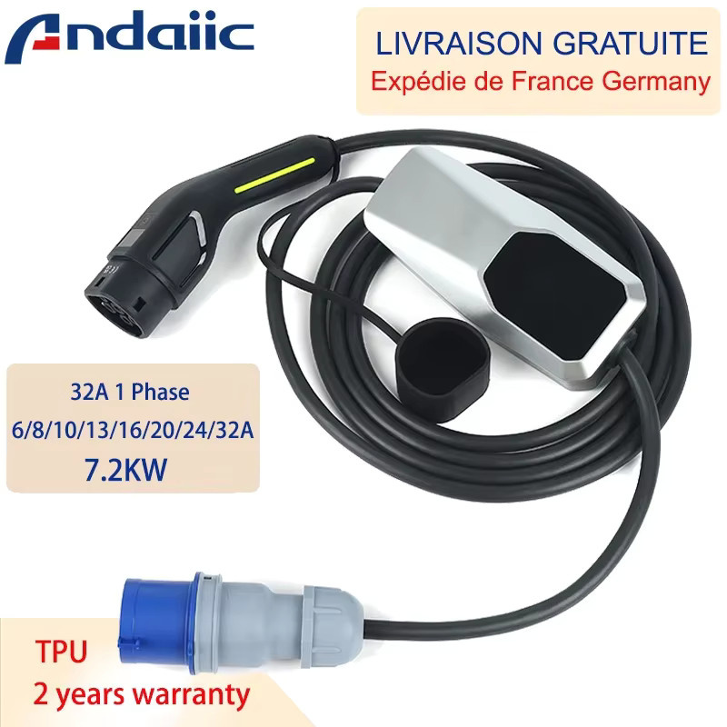 ANDAIIC EV-Autoladegerät 7,2 kW 32A 1-phasig Typ 2 mit 10 Meter Kabel in Blau - Bild 3
