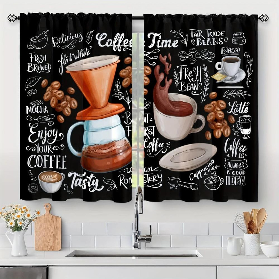 2er-Set Lichtfilternde Küchenvorhänge von Yiran Furniture mit 3D-Kaffeeillustration in Schwarz, B/H: 50 x 130 cm - Bild 3