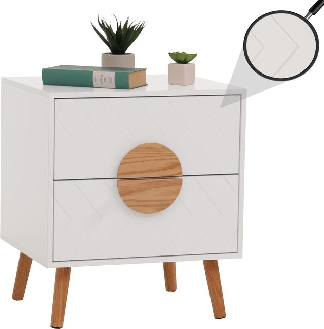 Nachttisch MCW N89 mit Schublade in Weiß und Fischgrätenmuster aus Melamin Holz, B/T/H: 55 x 48 x 40 cm - Bild 1