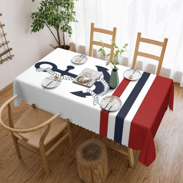 Wasserdichte rechteckige Tischdecke von JMG Household Supplies mit Marineblau-Anker- und Streifenmuster, B/T: 137 x 183 cm - Bild 1