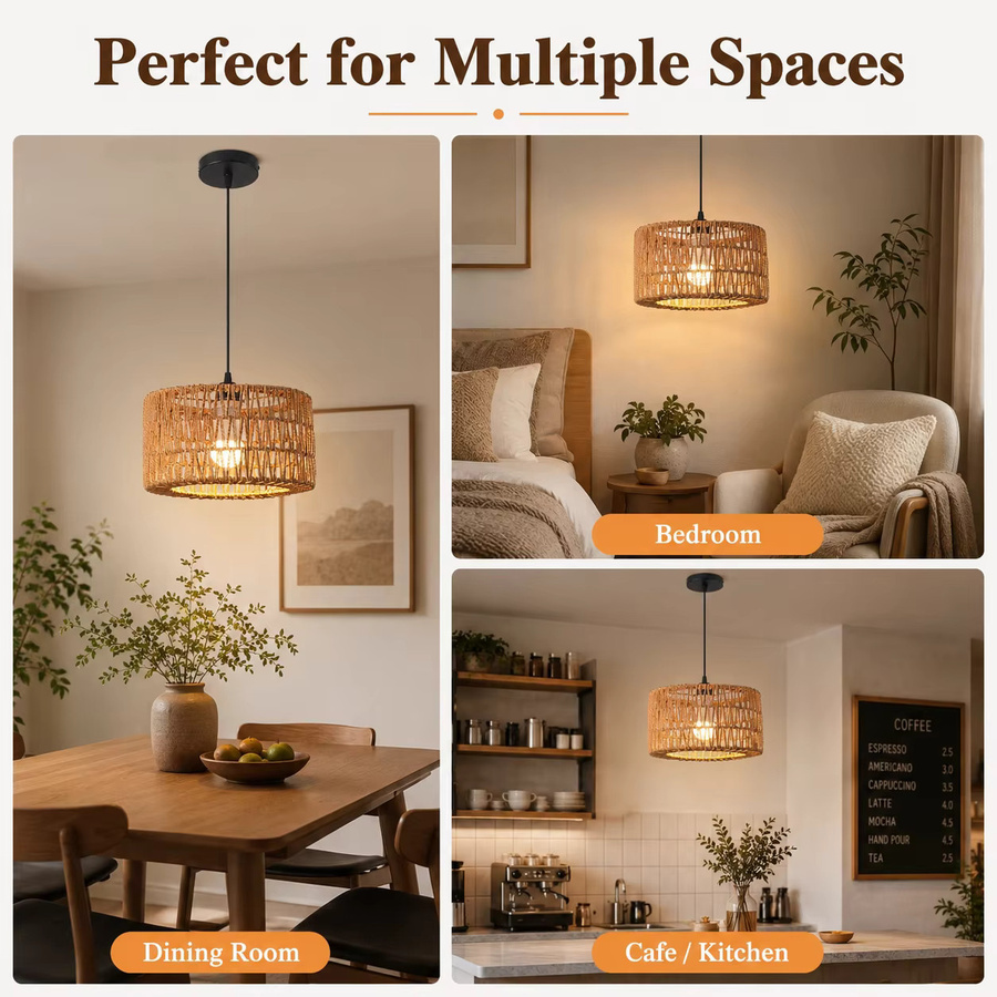JOYINLED Rattan-Pendelleuchte in Braun, Verstellbare Hängelampe im Rustikalen Design für das Esszimmer, Durchmesser: 31 cm - Bild 3