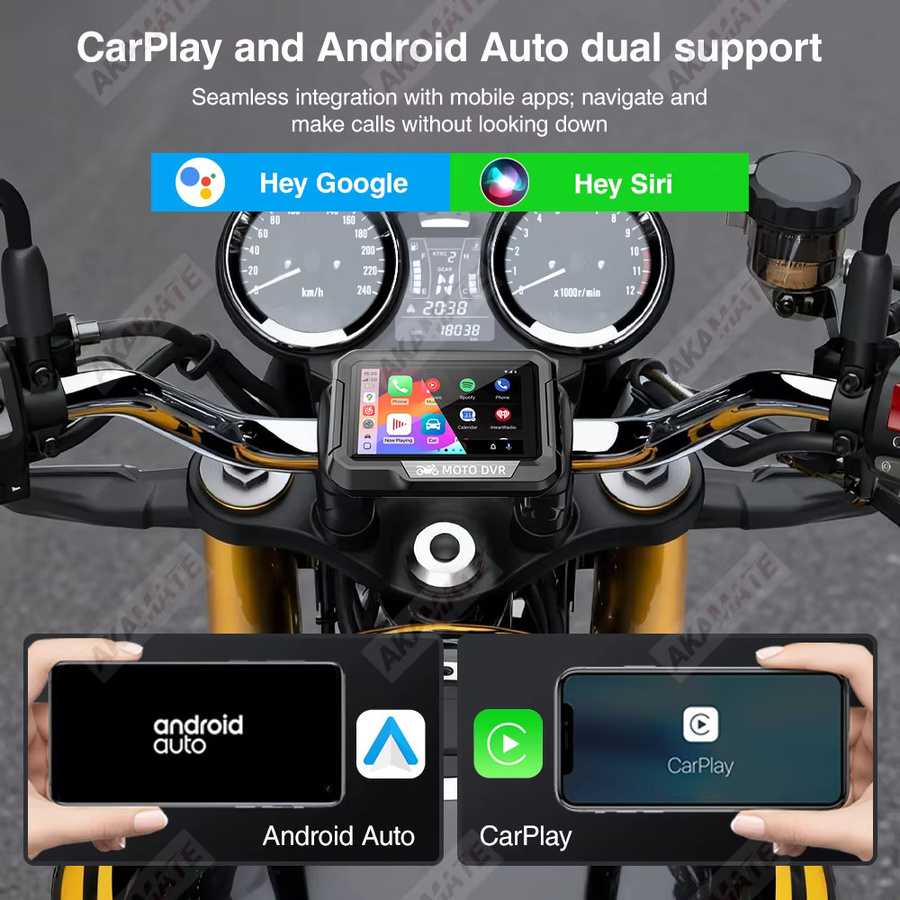 AKAMATE Motorrad Navigation Monitor mit 3,4 Zoll HD Digital Display, CarPlay, Android Auto und Bluetooth, wasserdicht, Schwarz - Bild 3