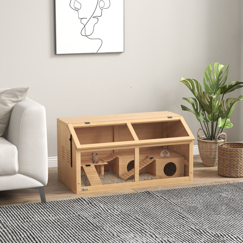 PawHut Kleintierkäfig aus Tannenholz in Natur mit Hängebrücke, Leitern und Hütte, B/T/H: 84 x 45 x 44 cm - Bild 2