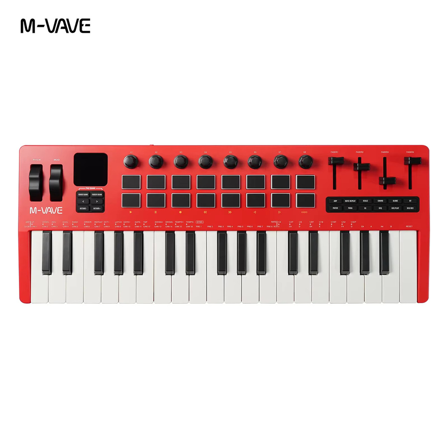 M-VAVE SMK-37 Pro MIDI-Controller in Rot mit 37 Tasten, 8 Drehreglern, 16 RGB-Pads und eingebautem Synthesizer - Bild 2