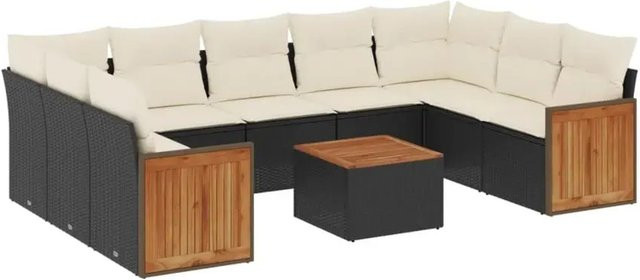 vidaXL 10-teilige Garten-Sofagarnitur in L-Form aus Poly-Rattan und Akazienholz mit Kissen, Schwarz-Creme - Bild 1