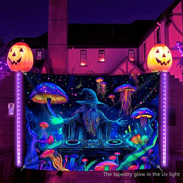 Fluoreszierender Wandteppich von JMG Household Supplies mit Quallen und Pilz-Motiv in Multicolour für Halloween und Party-Dekoration, Breite: 120 cm, Höhe: 180 cm - Bild 1