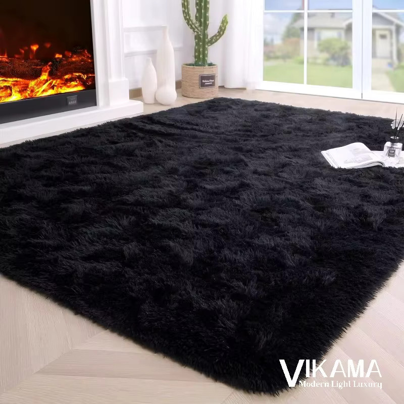 VIKAMA Schwarzer Plüsch-Teppich in Shaggy-Optik für Wohnzimmer und Schlafzimmer - Bild 3