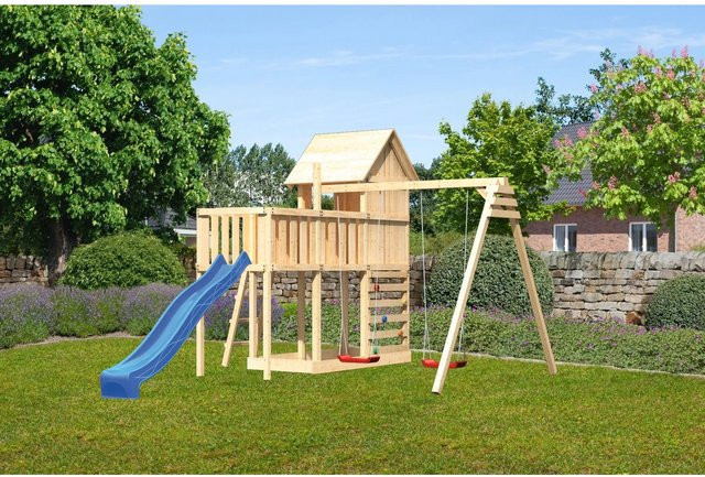 Karibu Stelzenhaus Frieda mit Schaukel, Plattform, Kletterwand und Rutsche in Blau - Bild 1