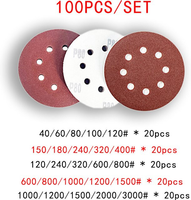 TQLQ Schleifpapier-Set für Exzenterschleifer mit 8 Löchern, Körnung 40/80/120/1000/2000, Durchmesser: 12,7 cm, für Holz und Metall - Bild 1