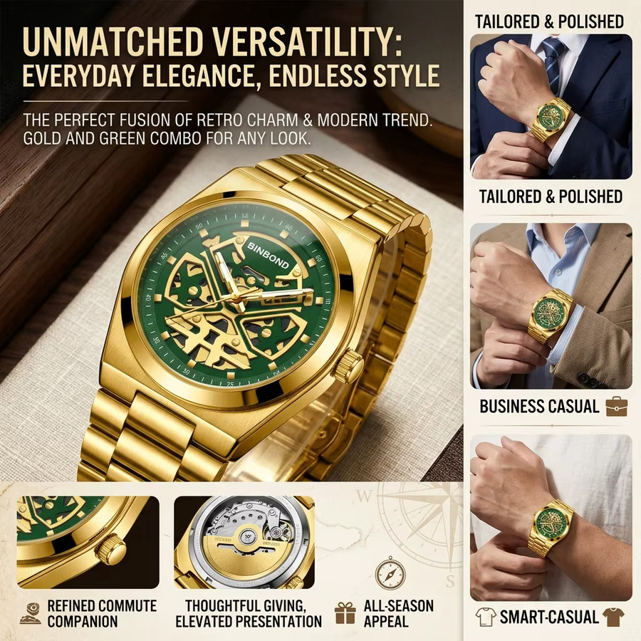 BINBOND Armbanduhr, Quarz, Edelstahl, Gold, grünes Zifferblatt, Unisex - Bild 2