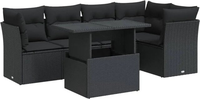 vidaXL 6-teilige Garten-Sofagarnitur in L-Form aus schwarzem Poly-Rattan mit Kissen und Stauraum - Bild 1