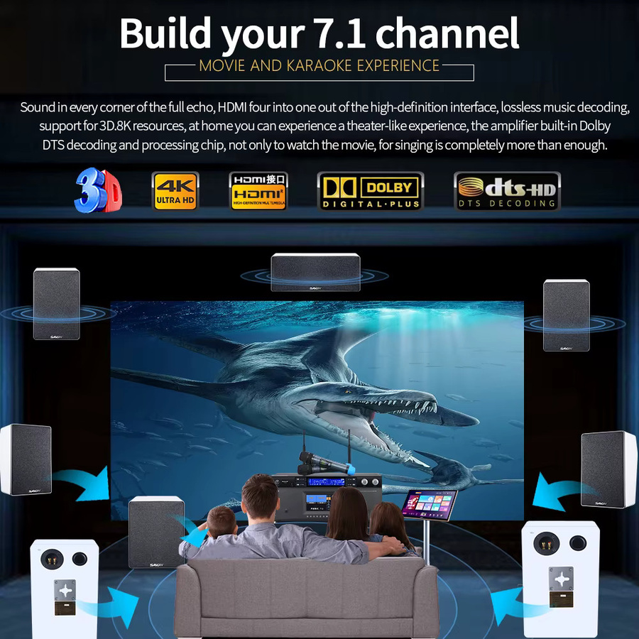 PAHOPE 7.1 Heimkino-System AV-Receiver in Schwarz mit 3D/8K und DTS Digital HD für Karaoke und Audio-Anwendungen - Bild 4
