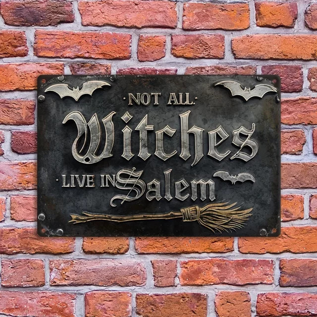 HELLOYOUNG Vintage Aluminium-Wandschild Not All Witches Live in Salem, Halloween-Dekoration mit Fledermaus- und Besen-Design, Schwarz, B: 30,0 cm, H: 20,0 cm - Bild 1