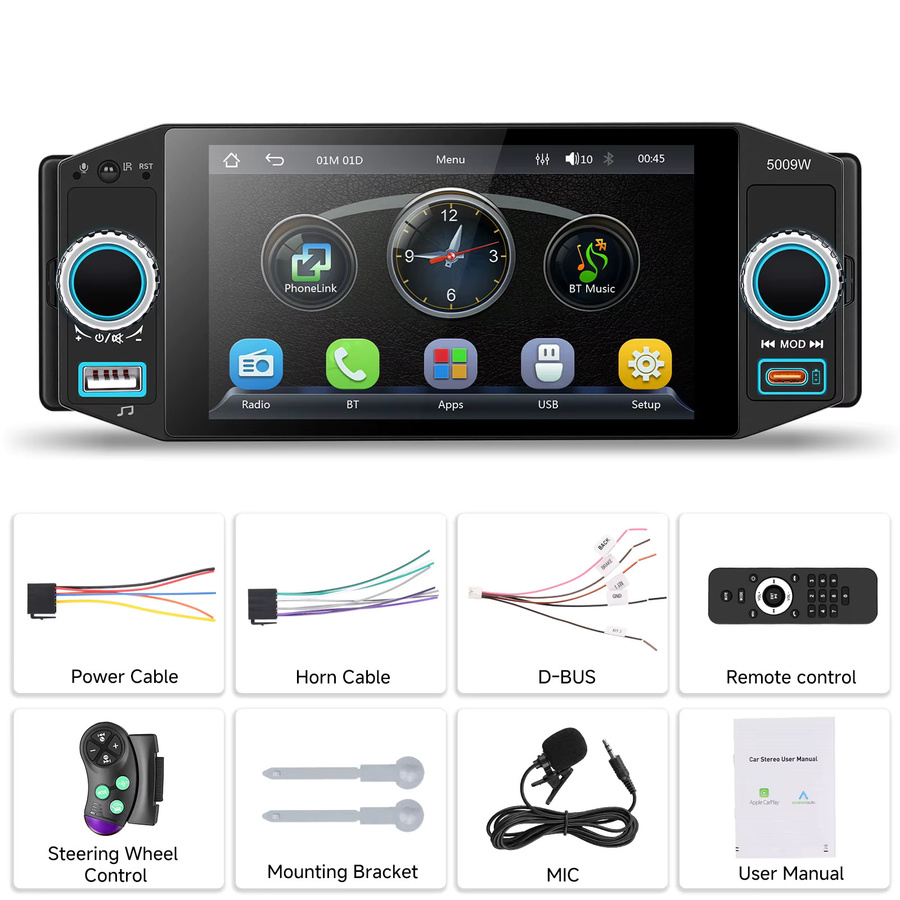 Podofo 5-Zoll Universal-Autoradio in Schwarz mit IPS-Bildschirm, FM/AM/RDS, kabellosem CarPlay und Android Auto sowie Lenkradfernbedienung und MP5-Player - Bild 4