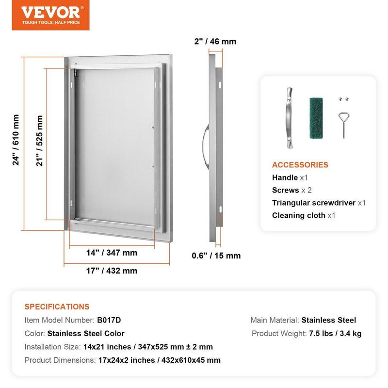 Buying Solutions MB BBQ-Zugangstür aus Edelstahl in Silber, bündig einbaubare vertikale Außentür für Außenküche und BBQ-Insel, B/H: 43,2 x 61,0 cm - Bild 3